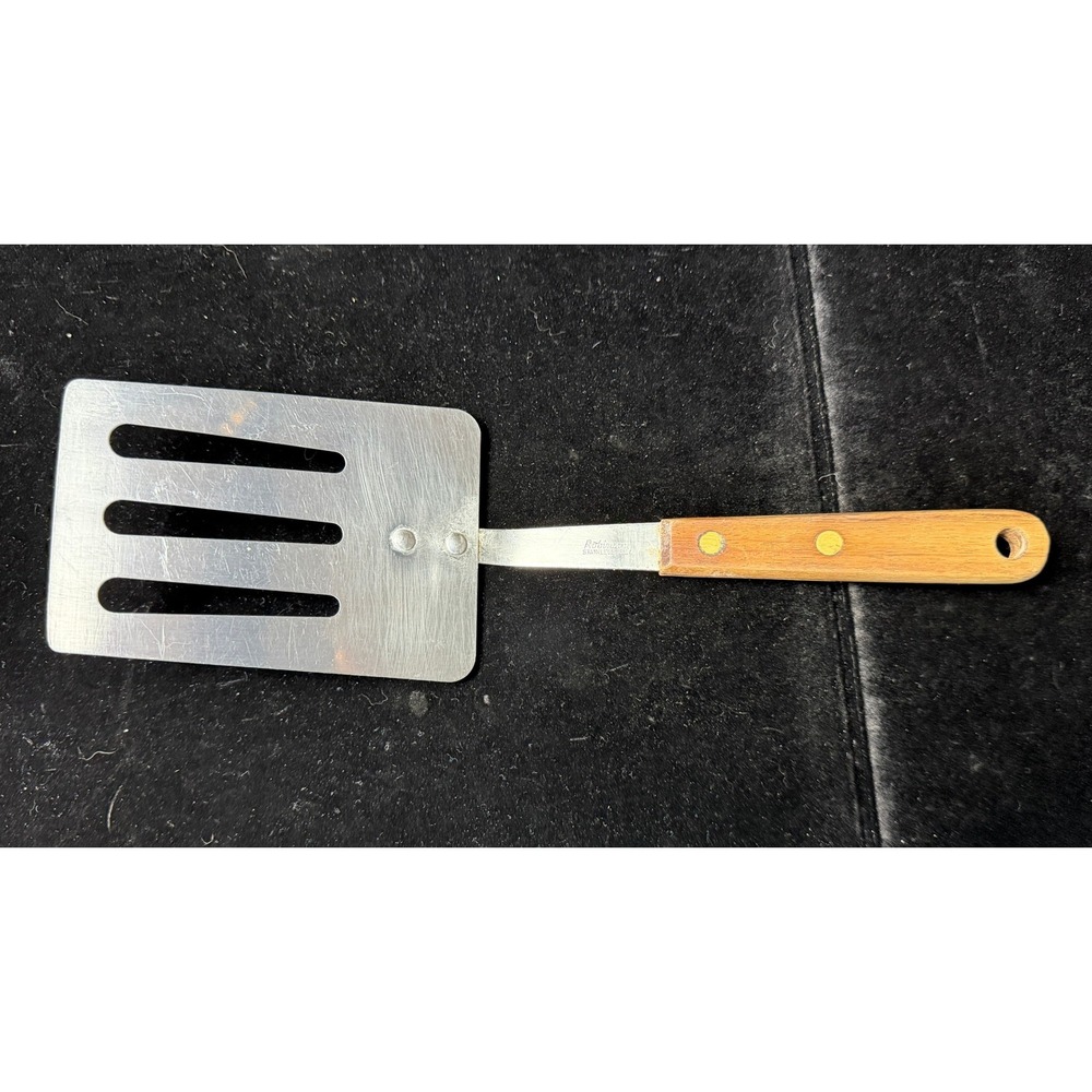 Vintage Robinson Stainless USA Slotted Spatula Wood Handle Brass Rivets Turner